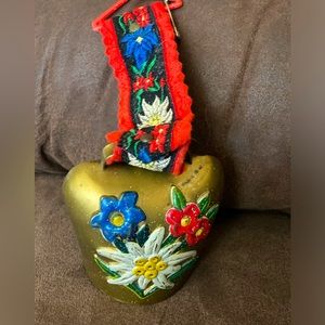 Vintage BRASS COW BELL Hand-Painted Flowers, Decorative Strap Switzerland